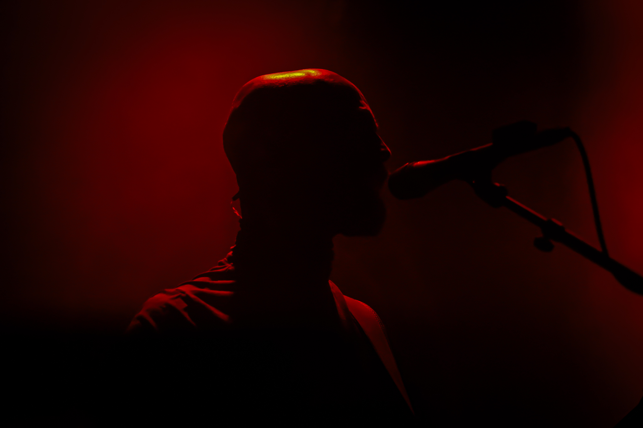 A metal musician, screaming into a microphone on a dimly lit stage.